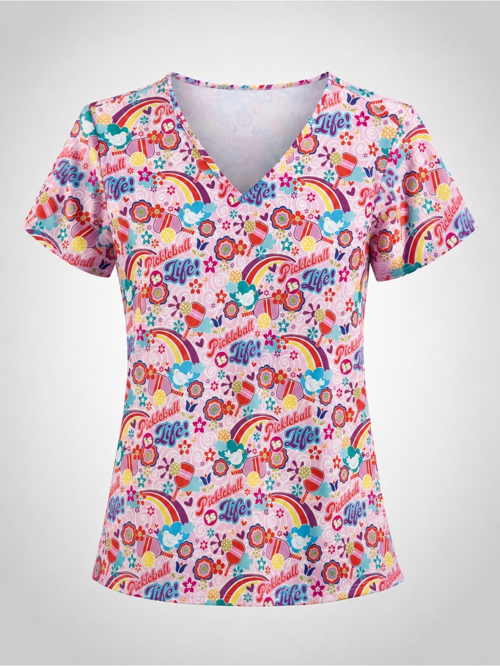 Katherine Way Pink Rainbow Floral 'Pickleball Life' V-Neck Tee, NWT, M
